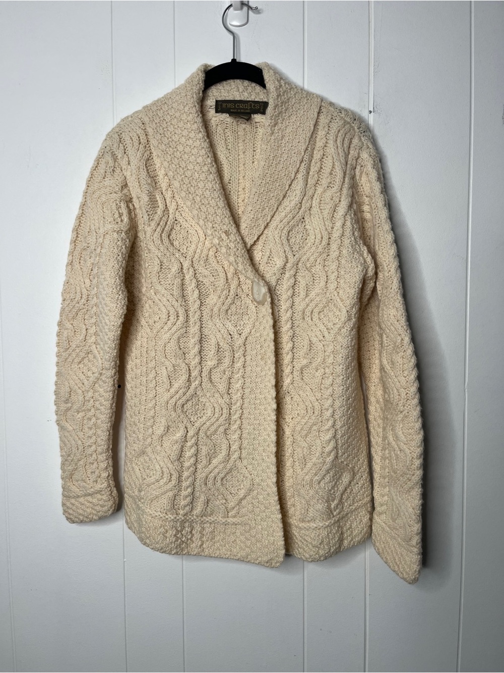 Inis Crafts Merino Wool Cream Cable-Knit Shawl Collar Sweater Irish Fisherman S